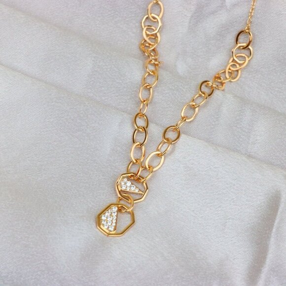 "Rose Gold Chunky Chain Necklace with Crystal Geometric Charms, XPNL1889 - Picture 3 of 12